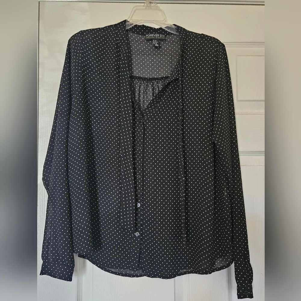 Forever 21+ Polka Dot Long Sleeve Blouse Plus Size Women (0X)
